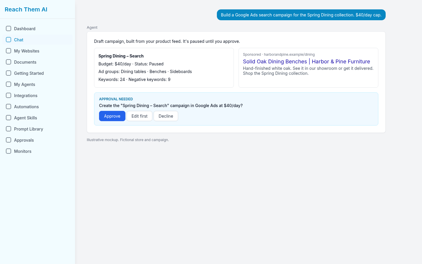 AI agent Google Ads campaign draft built from a Shopify product feed, paused until approved